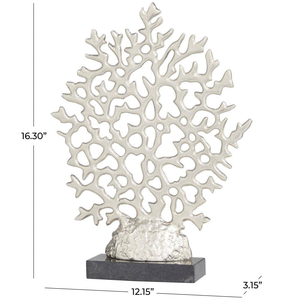 3 In. X 16 In. Silver Aluminum Coral Sculpture with Marble Base