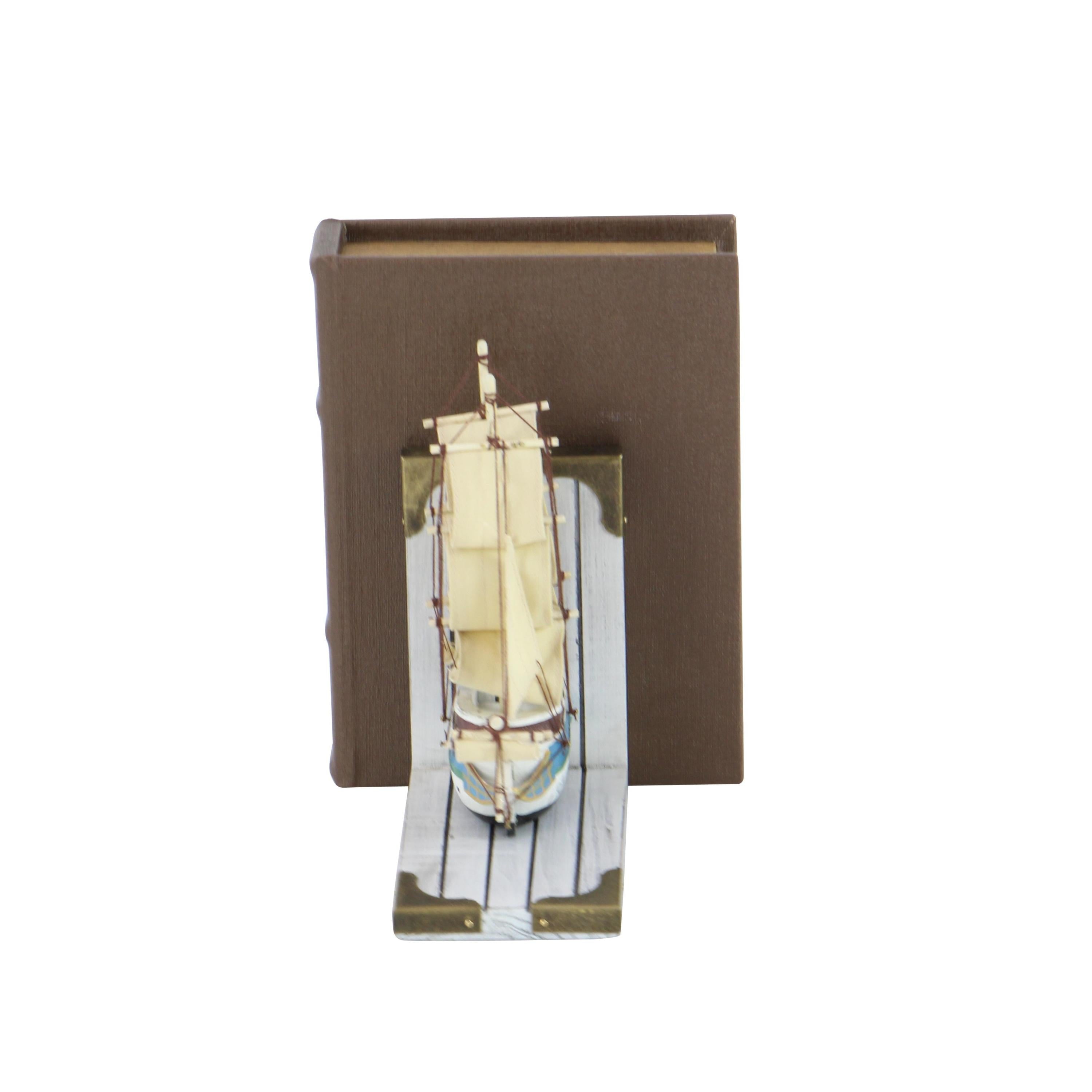 6" Sail Boat White Wood Bookends with Real Boat Rigging and Gold Corners (Set of 2)