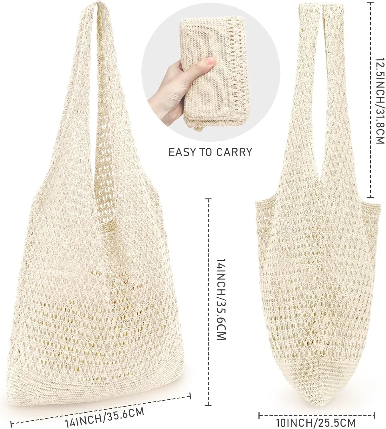 Crochet Bag for Women, Crochet Tote Summer Bag Mesh Large Shoulder Bag (Beige 14 X 10 X 26.5In)