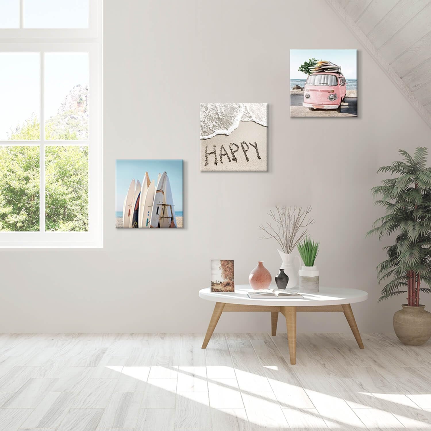 Beach Wall Decor Costal Canvas Wall Art Pictures Surfboards & Pink Car on Sand Artwork Canvas Painting for Living Room Seashell Beach Pictures Canvas Wall Art for Bathroom( 16” X 16'' X 3 Panels )