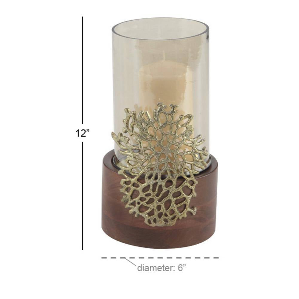 12 In. Smoked Beige Glass and Brown Mango Wood Hurricane Candle Holder with Gold Coral Accent