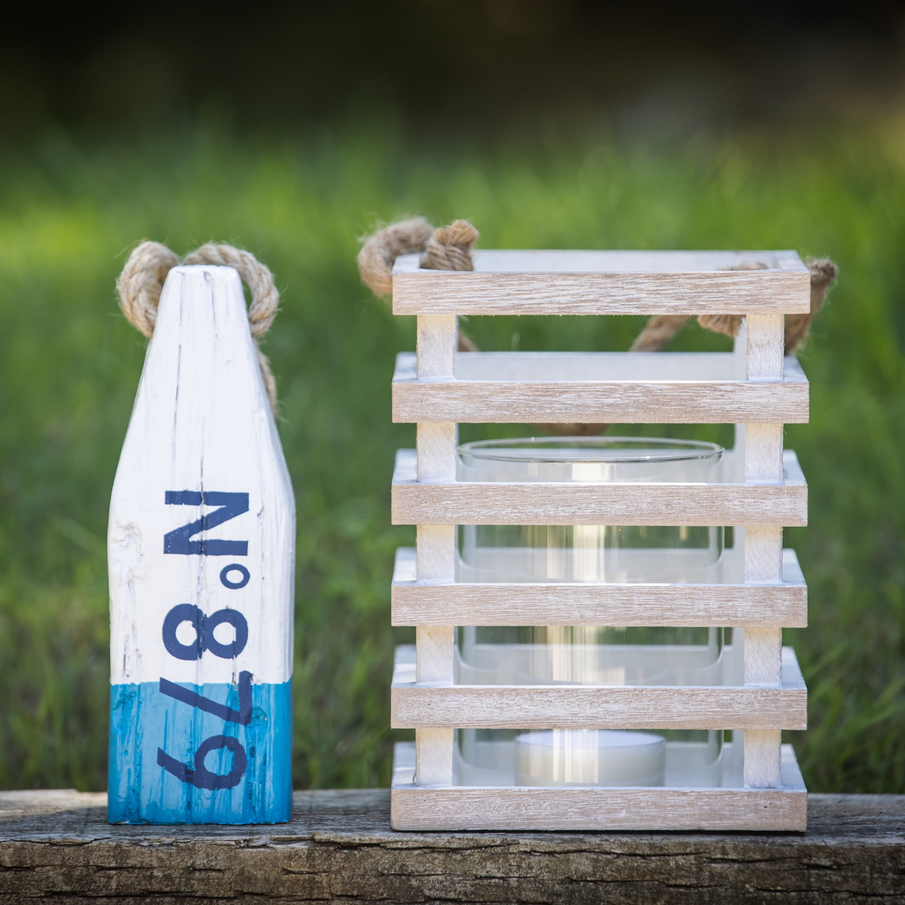 Stonebriar Indoor 8" Coastal Wood Candle Holder with Removable Glass Cylinder, Off-White