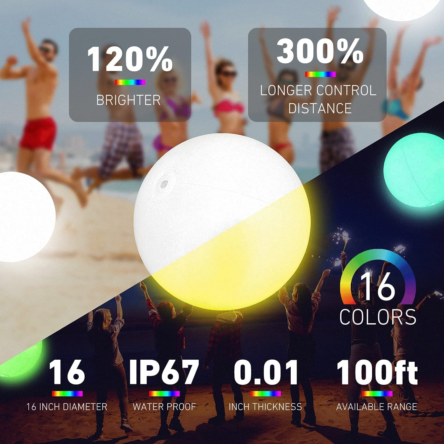 LED Beach Ball Toy with 16 Color Changing Lights, Pool Games Beach Party Outdoor Games for Teens Adults Family, Glow in the Dark Party Supplies (1PC)