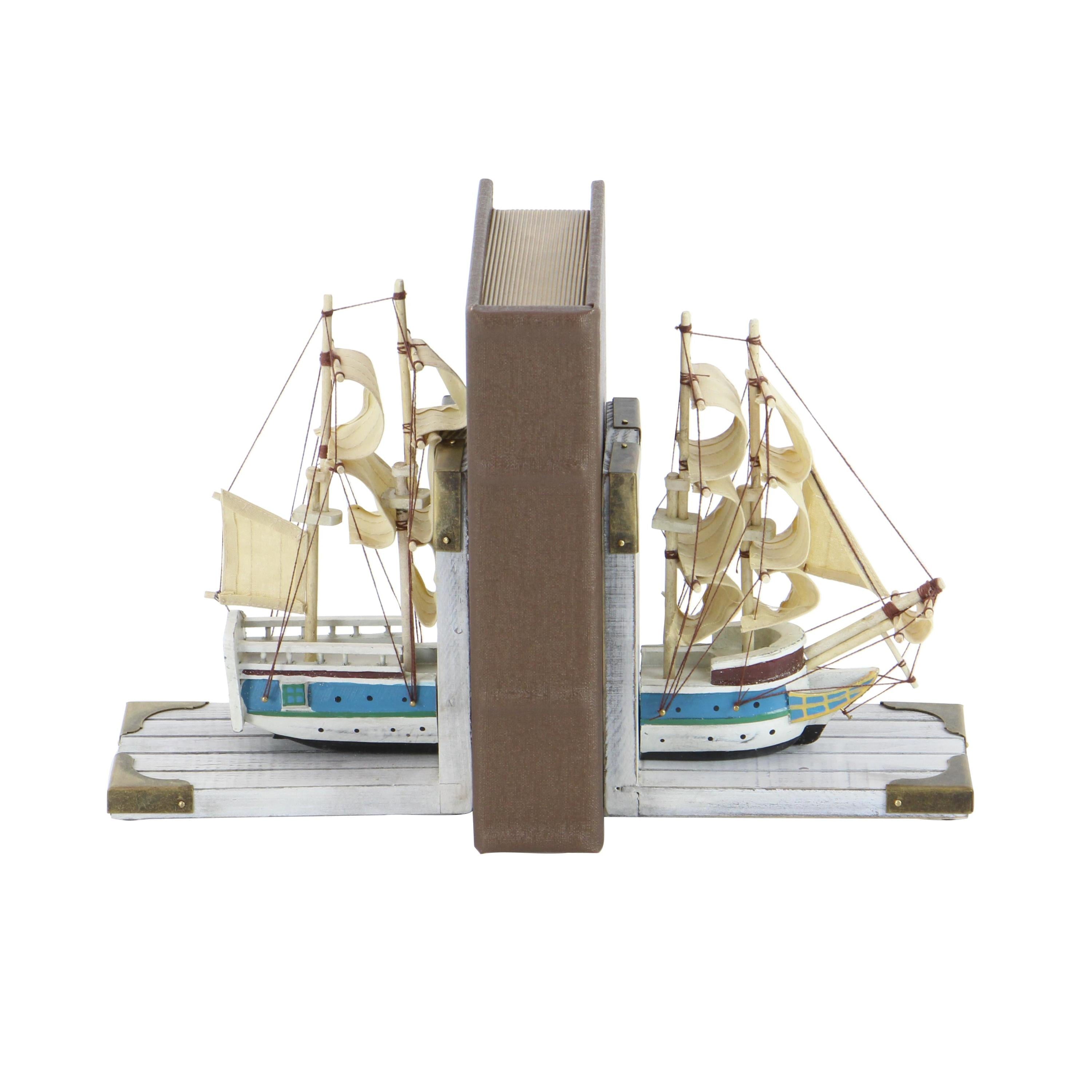 6" Sail Boat White Wood Bookends with Real Boat Rigging and Gold Corners (Set of 2)