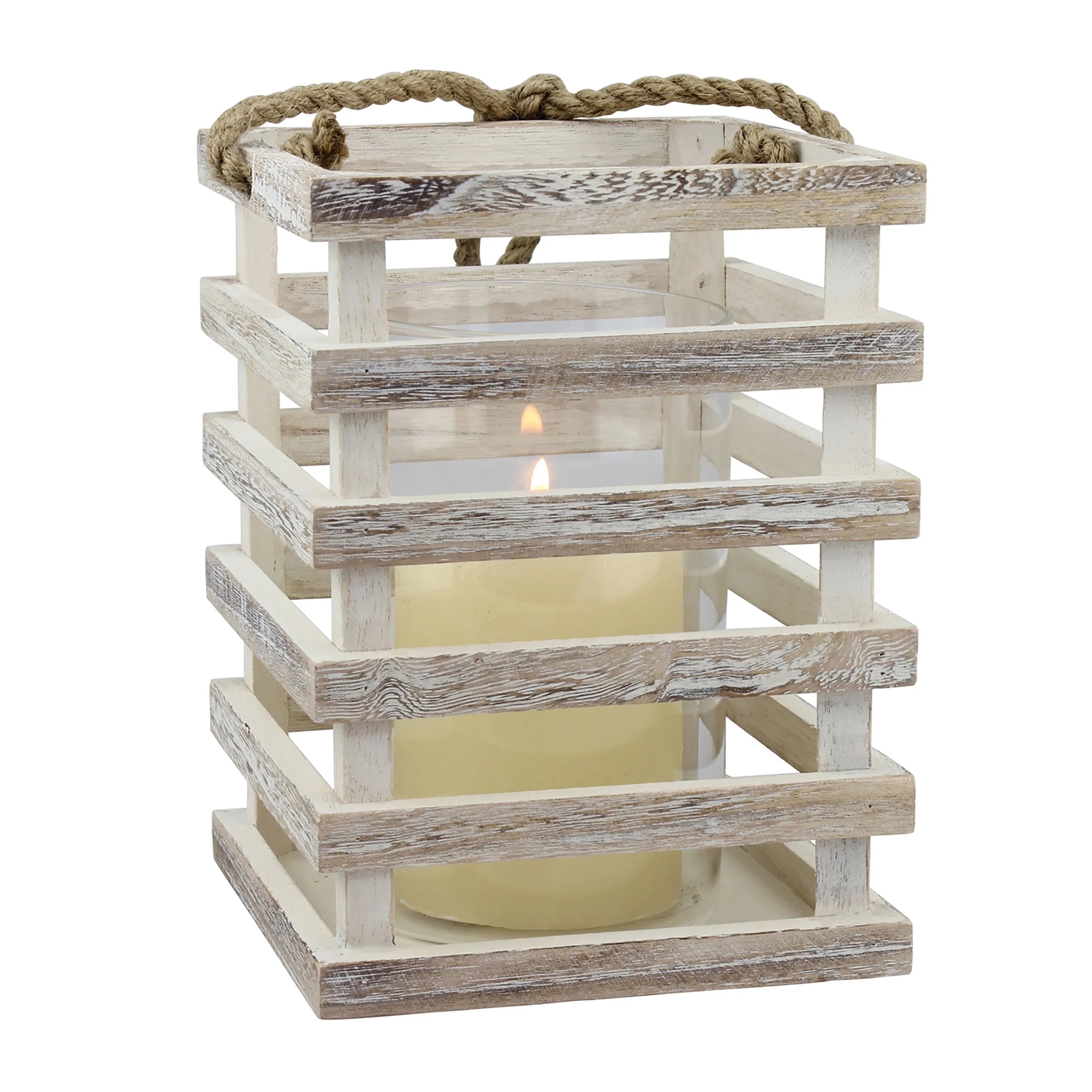 Stonebriar Indoor 8" Coastal Wood Candle Holder with Removable Glass Cylinder, Off-White