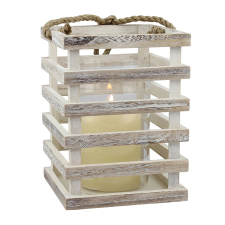 Stonebriar Indoor 8" Coastal Wood Candle Holder with Removable Glass Cylinder, Off-White