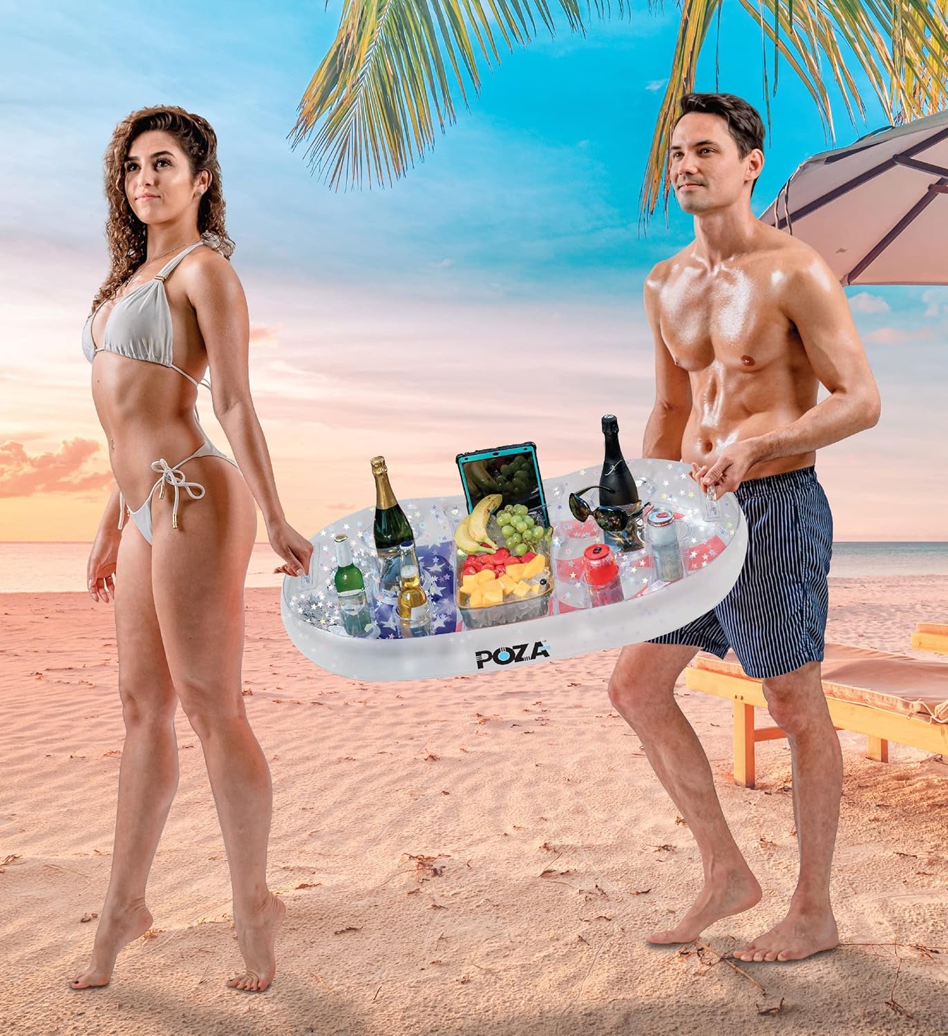 Inflatable USA Pool Float - Luxurious Fun Lounger Filled with Sparkle Silver Stars Confetti, Cool USA Flag Design Water Swimming Pool Floaties for Beach, Lake & Pool