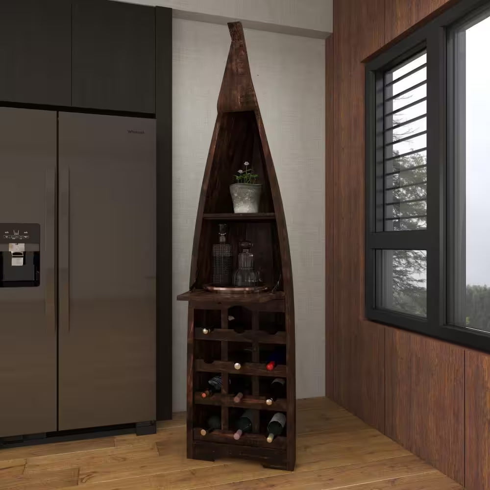 12-Bottle Brown Boat Standing Wine Rack with Foldable Tray