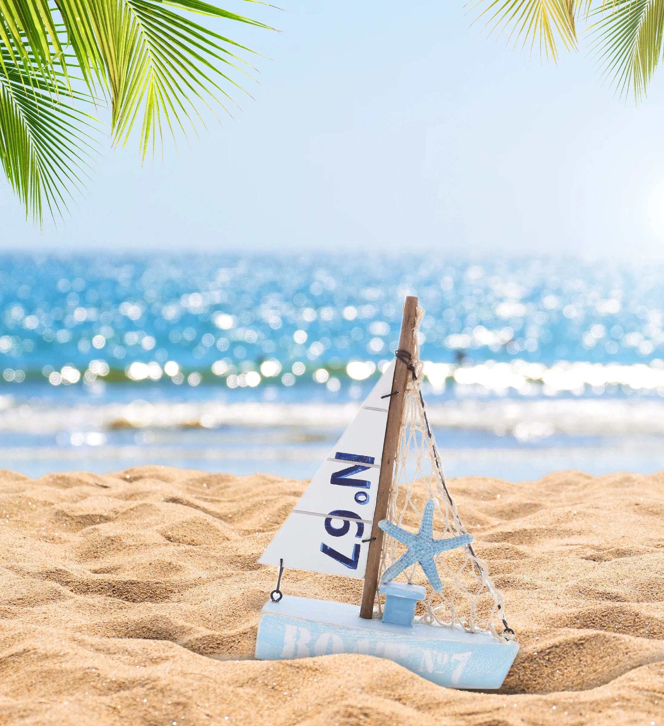 Blue Sailboat Decor – Handmade Wooden Boat Decor, Beach Style Model Sail Boat Decorations, Nautical Themed Table Top Decor Living Room Centerpiece - 8 Inch