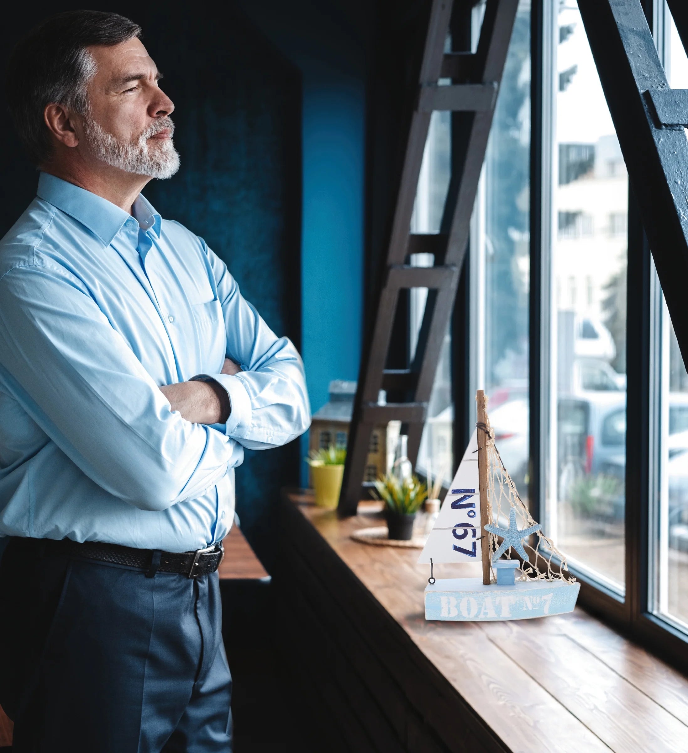 Blue Sailboat Decor – Handmade Wooden Boat Decor, Beach Style Model Sail Boat Decorations, Nautical Themed Table Top Decor Living Room Centerpiece - 8 Inch