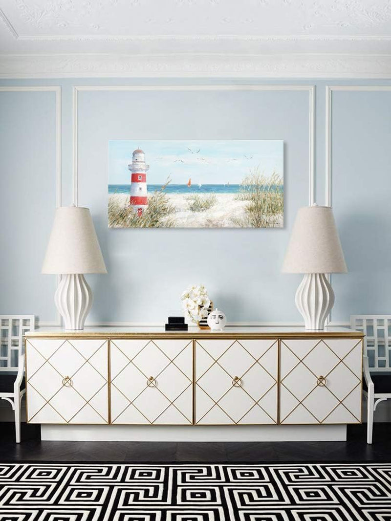 Lighthouse Canvas Wall Art for Home Bathroom Coastal Wall Lighthouse Art Seagull Themed Coastal Sailing Boat Wall Coastal Wall Decor Large Framed for Living Room Easy to Hang 40''X20''