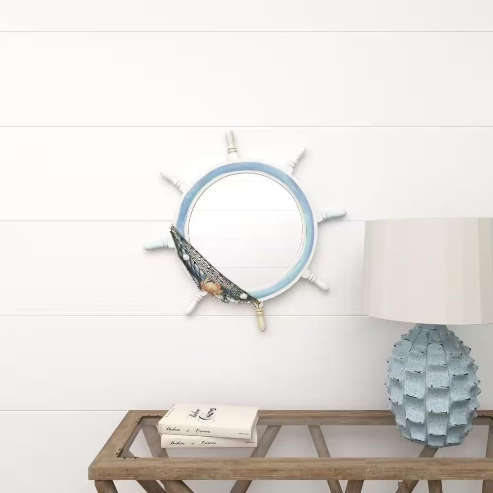 Ship Wheel round Framed White Sail Boat Wall Mirror with Netting Accent - 25 In. X 25 In.