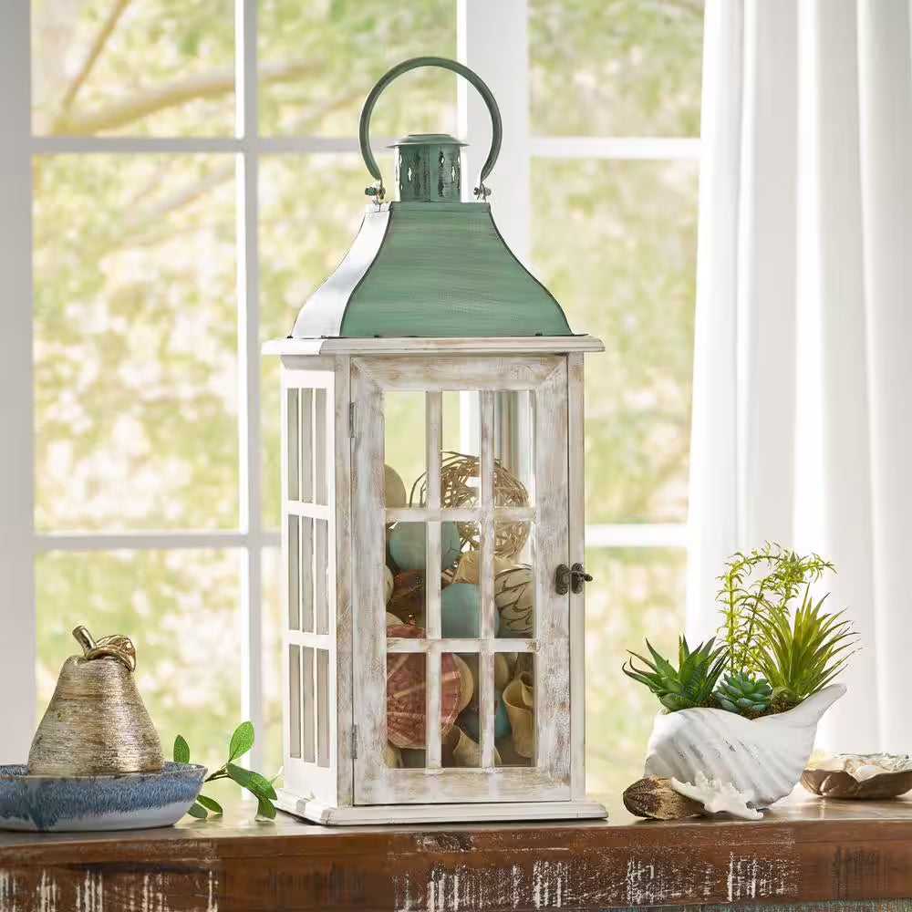 Coastal Handcrafted Mango Wood Decorative Lantern, White Wash/Green Pat