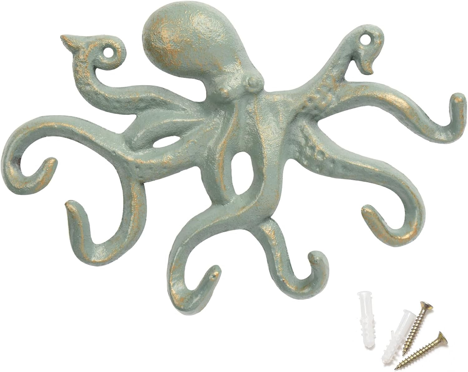 Octopus Iron Wall Hooks for Hanging, Rustic Decorative Hooks/Key Holder/Coat Hooks/Towel Hooks with 6 Arms - Gold Green