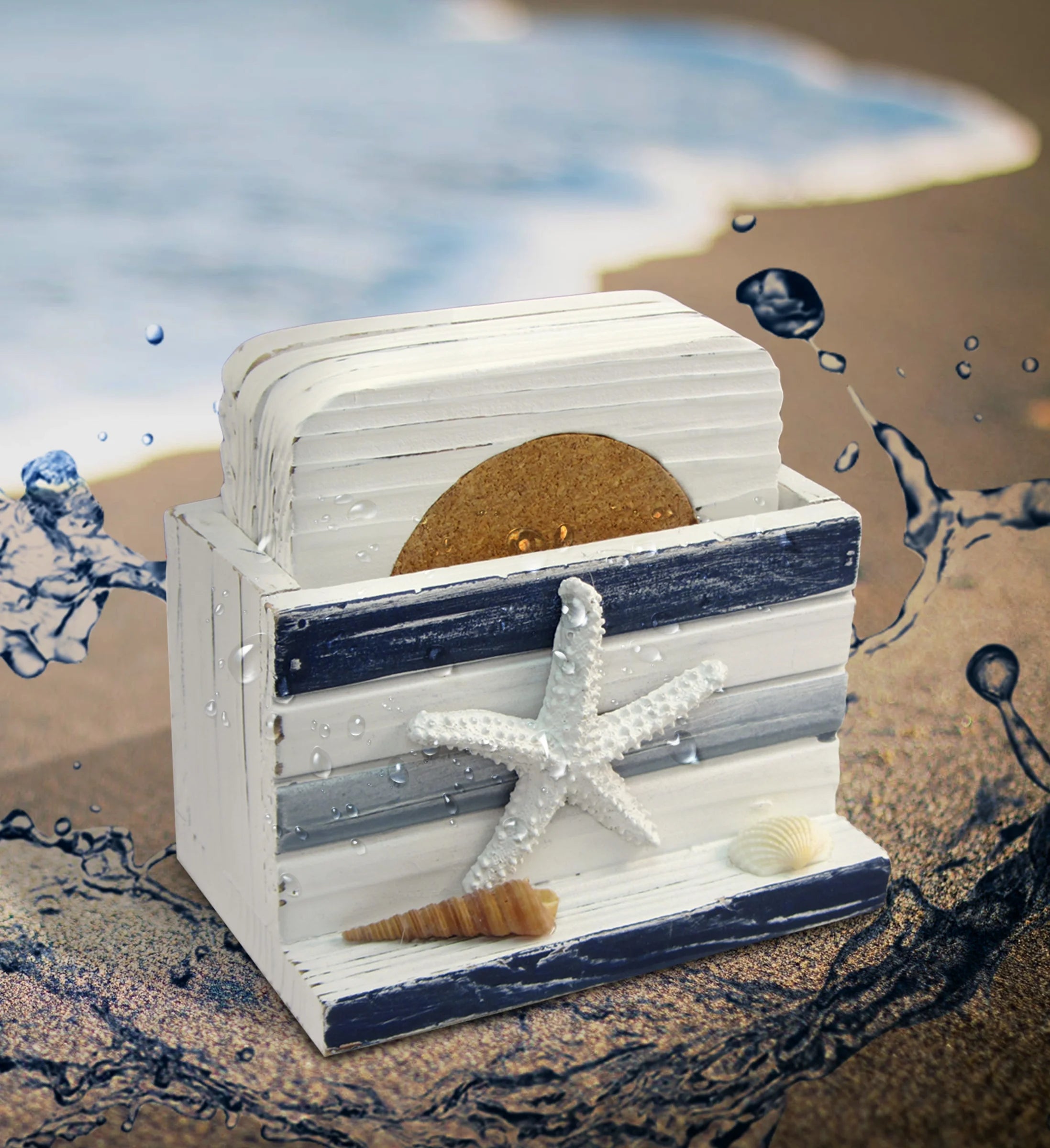 White and Blue Stripes Wooden Nautical Coasters - Tabletop Wooden Coastal Decor for Home, Kitchen, Bar, Beach Themed Gifts Square Coasters Set of 4, Handmade Drink Coasters with Holder