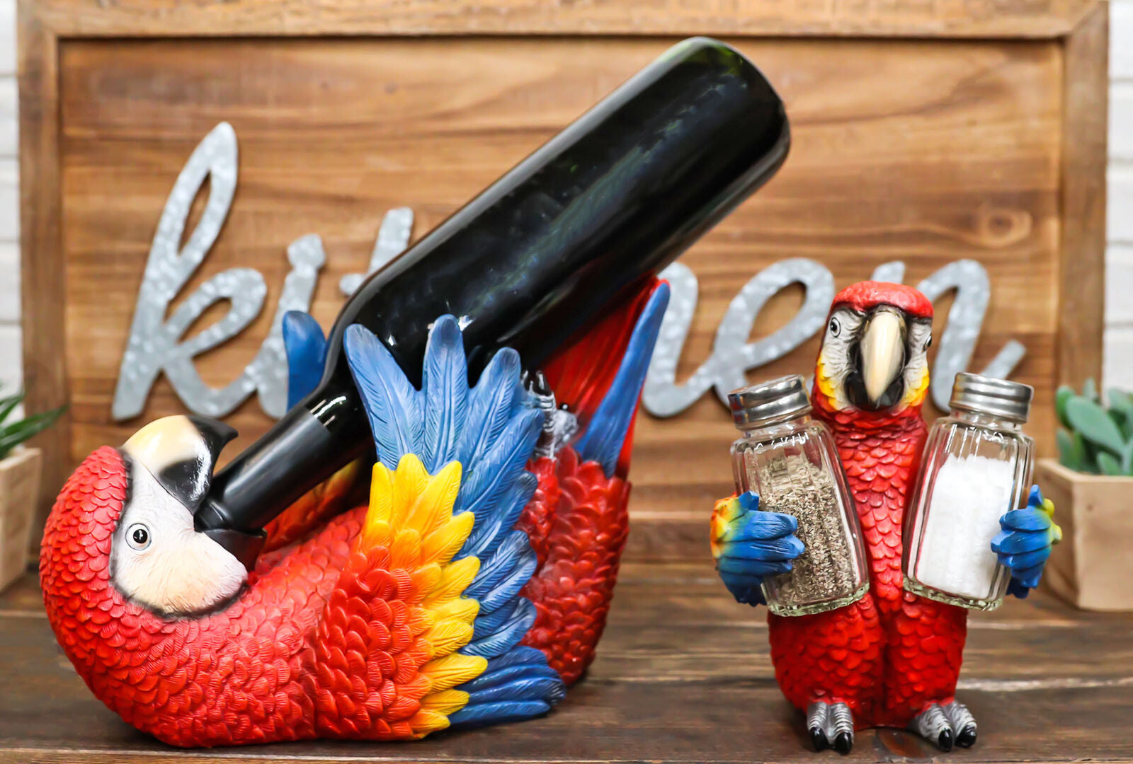 Red Scarlet Macaw Parrot Wine Bottle and Salt Pepper Shakers Holder Figurine Set