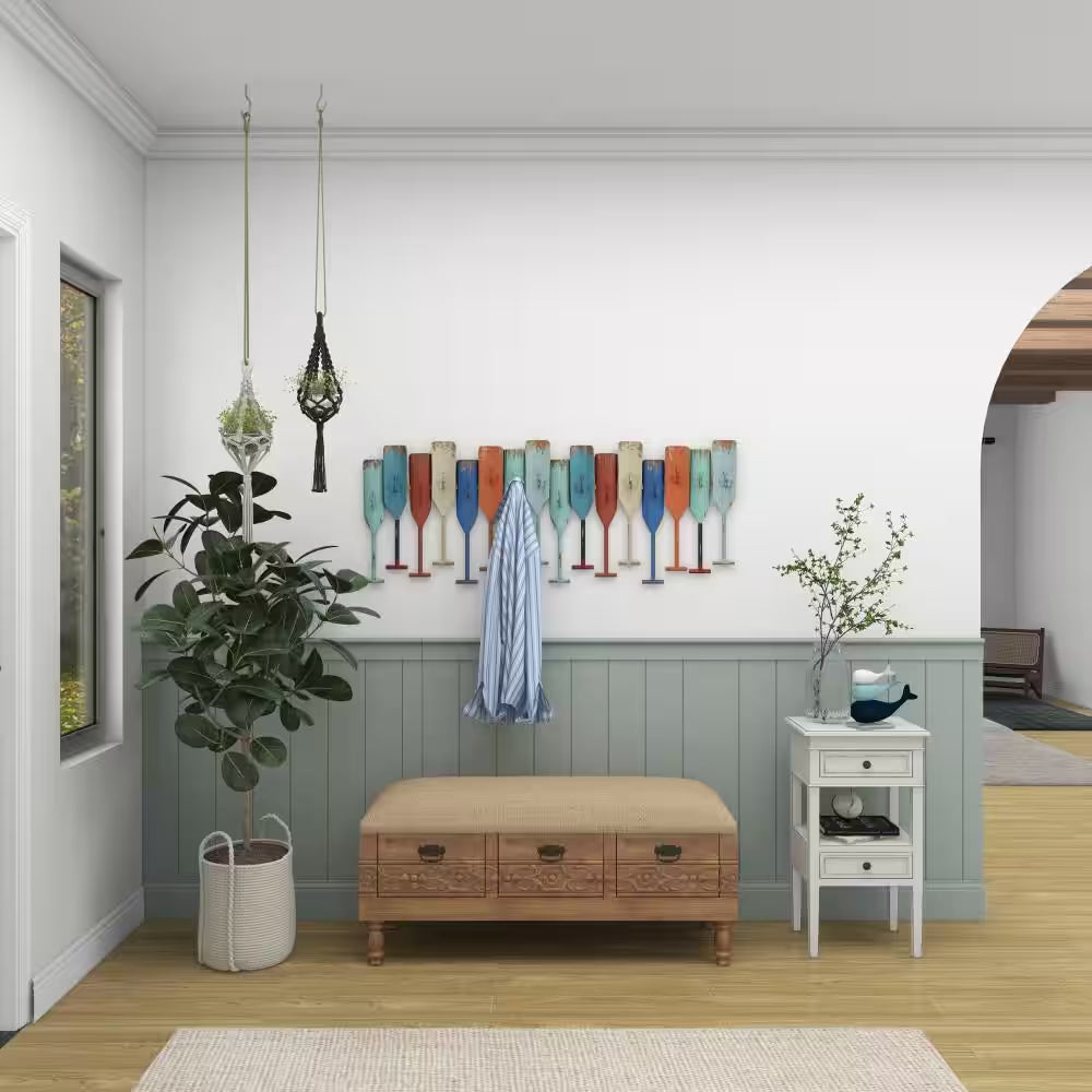 Multi Colored Indoor Outdoor Distressed Oar Shaped 8 Hanger Paddle Wall Hook