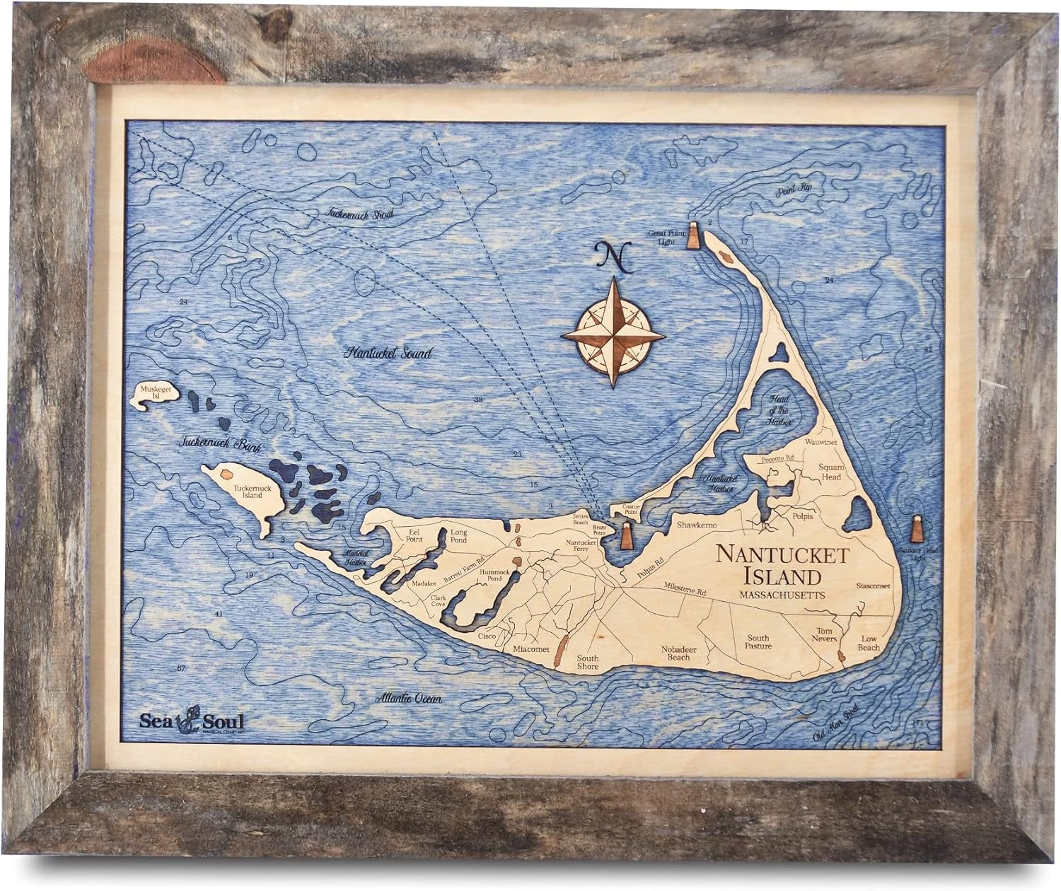 Nantucket and Martha's Vineyard 3D Wood Map Wall Art, 13X16-Inch Nautical Chart Wall Art, Nautical Wood Chart, Cottage Decor, Cape Cod Décor, Handcrafted in the USA (13X16-Inch Nantucket)