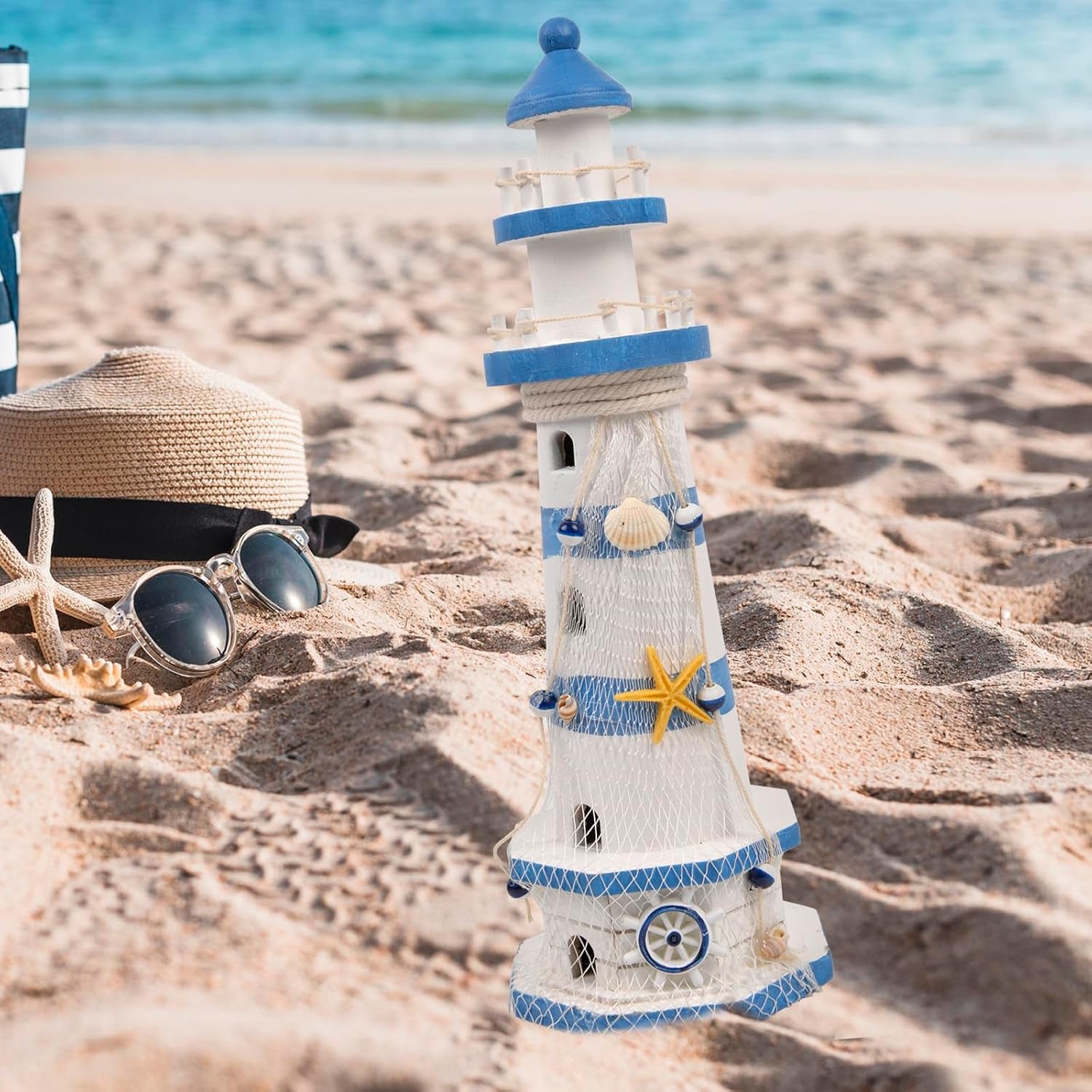 Nautical Ocean Lighthouse Decor for Home - 15.0" Nautical Lighthouse Decor, Mediterranean Sea Beach Style Watchtower, Outdoor Wooden Nautical Tower 