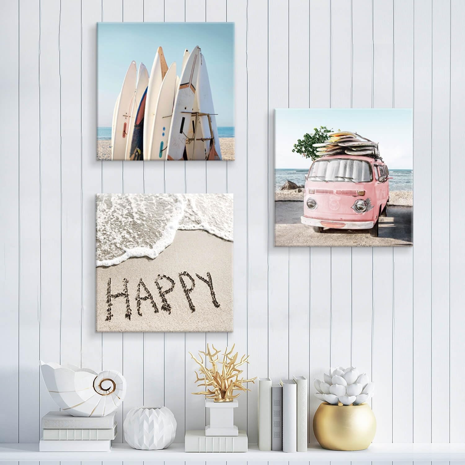Beach Wall Decor Costal Canvas Wall Art Pictures Surfboards & Pink Car on Sand Artwork Canvas Painting for Living Room Seashell Beach Pictures Canvas Wall Art for Bathroom( 16” X 16'' X 3 Panels )