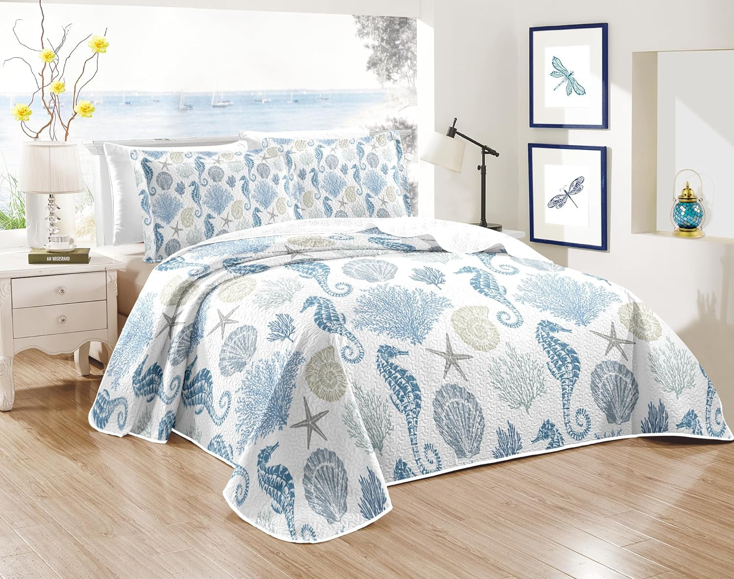 Coastal Bedding Quilt Queen Size W/ 2 Shams Nautical Beach Bedspreads Light Blue