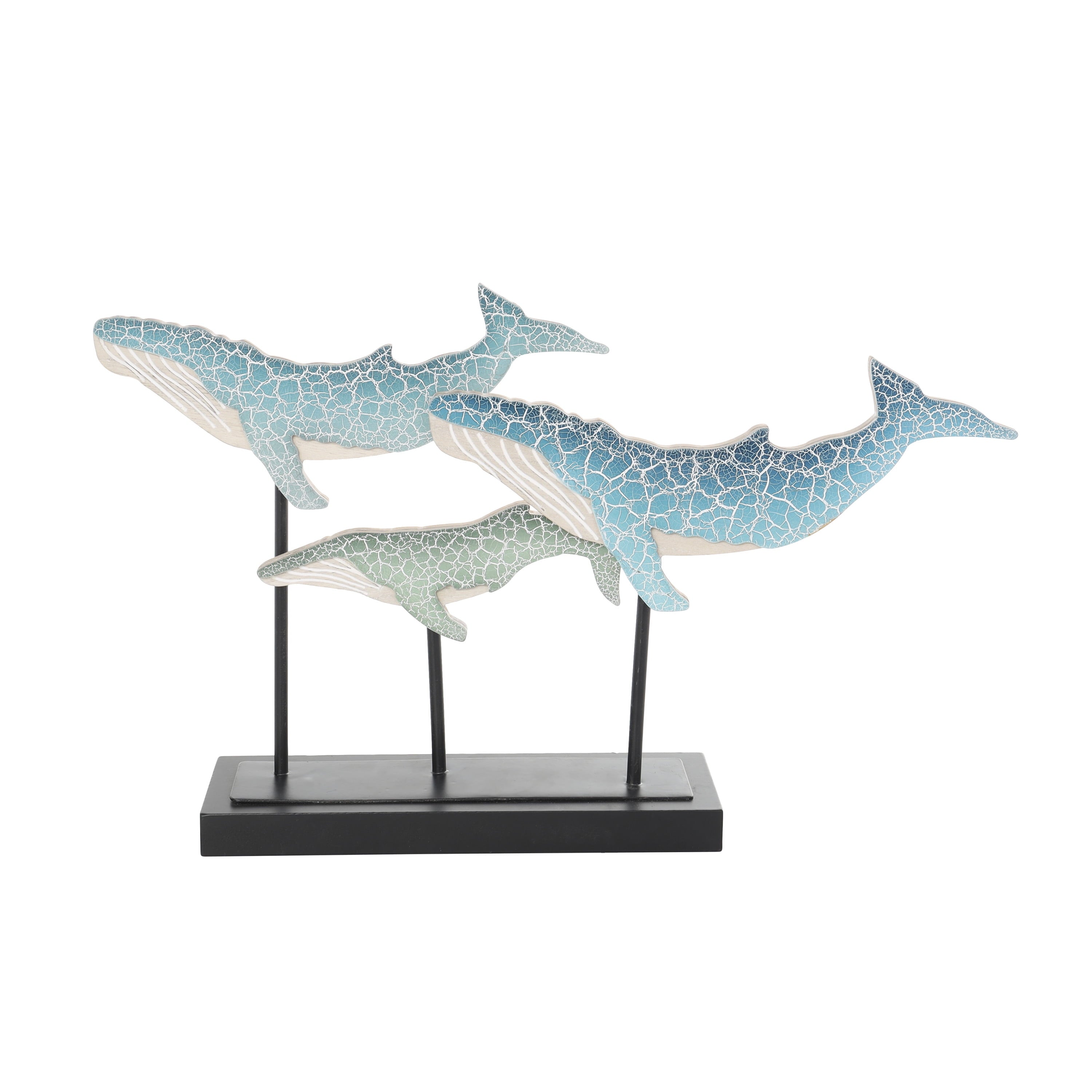 Blue Wooden Textured Whale Sculpture with Black Metal Stand - 20" X 12"