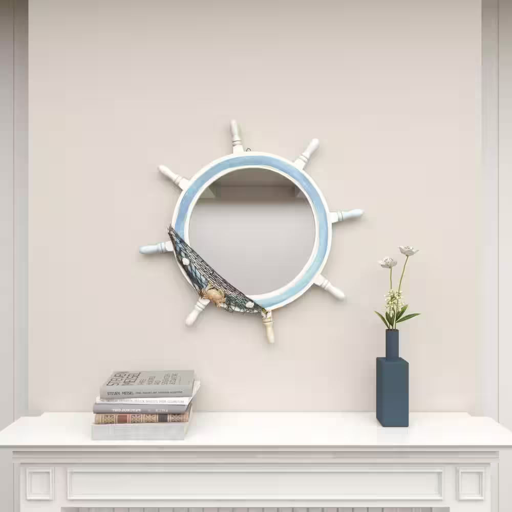 Ship Wheel round Framed White Sail Boat Wall Mirror with Netting Accent - 25 In. X 25 In.
