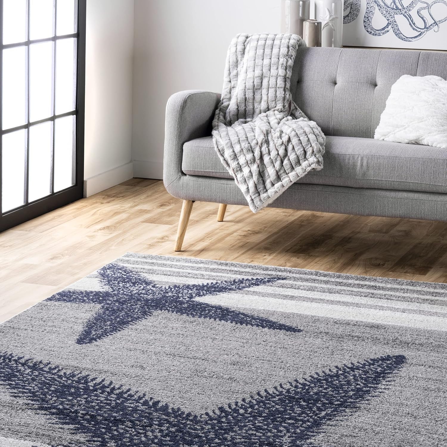 Starfish and Striped Accent Rug, 2X4, Grey