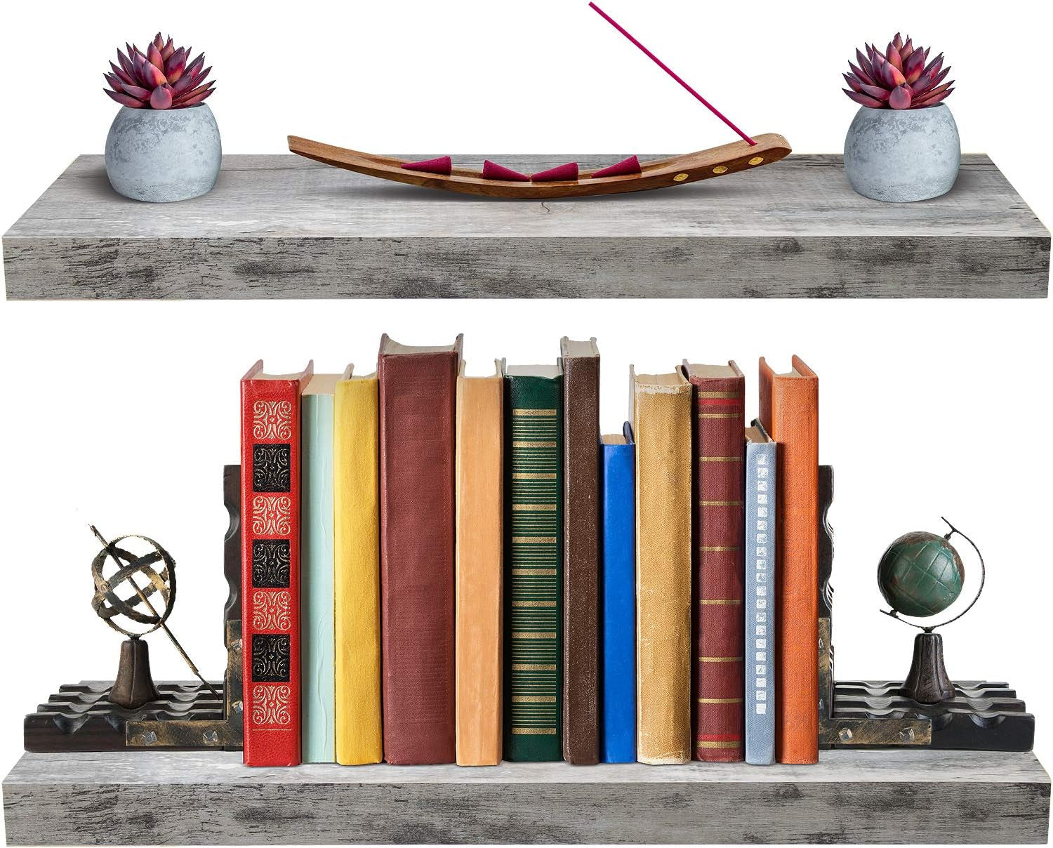 Floating Shelves, Wall Shelves for Bedroom, Kitchen, Living Room, Bathroom Shelves over the Toilet, Home Decor, Farmhouse, 24 X 9 Inch Wall Mounted Floating Shelves for Wall, 2 Pack Rustic Grey