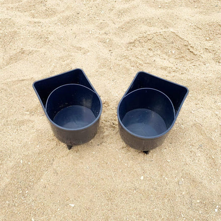 Beach Cup Holder with Pocket, Multi-Functional Sand Cup Holder for Beverage Phone Sunglasses Key, Beach Accessory Drink Sand Coaster, 2-Pack, Navy