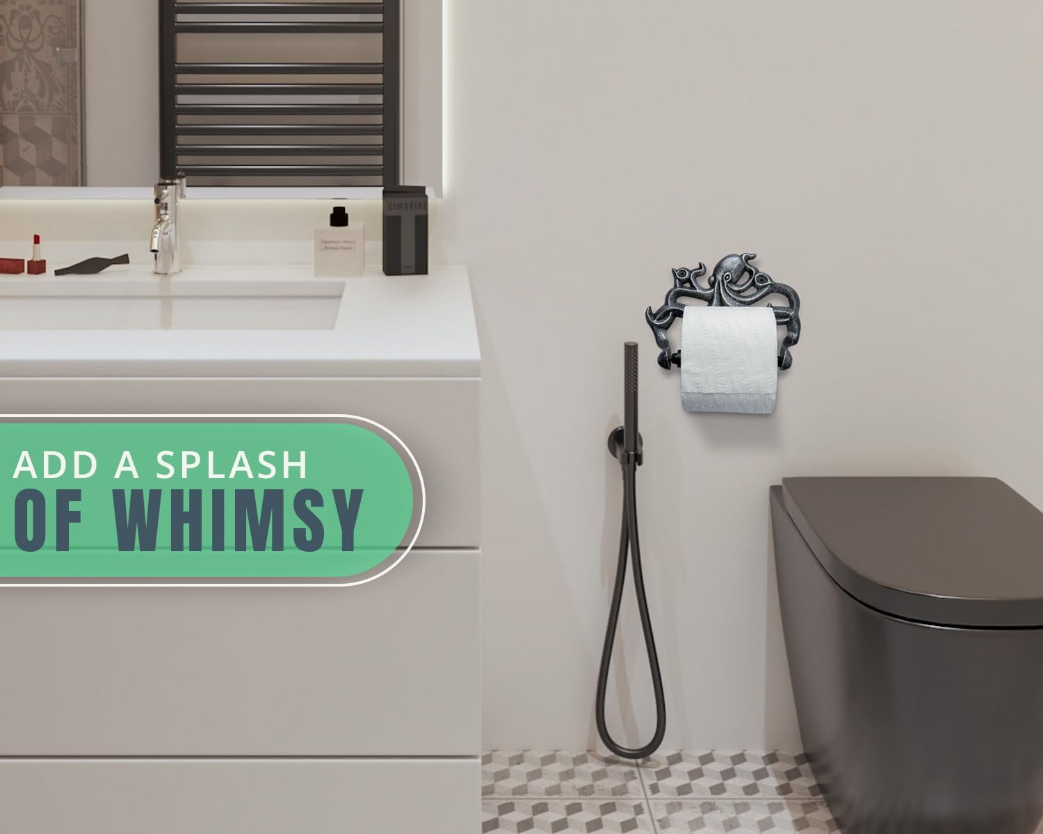 Decorative Cast Iron Octopus Toilet Paper Roll Holder – Wall Mounted Octopus Decor for Bathroom – Kraken, Nautical Bathroom Accessories – Included Screws and Anchors - Silver & Black