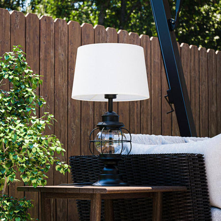 Summerwalk 28 In. Black Outdoor/Indoor Table Lamp with Off-White Fabric Shade