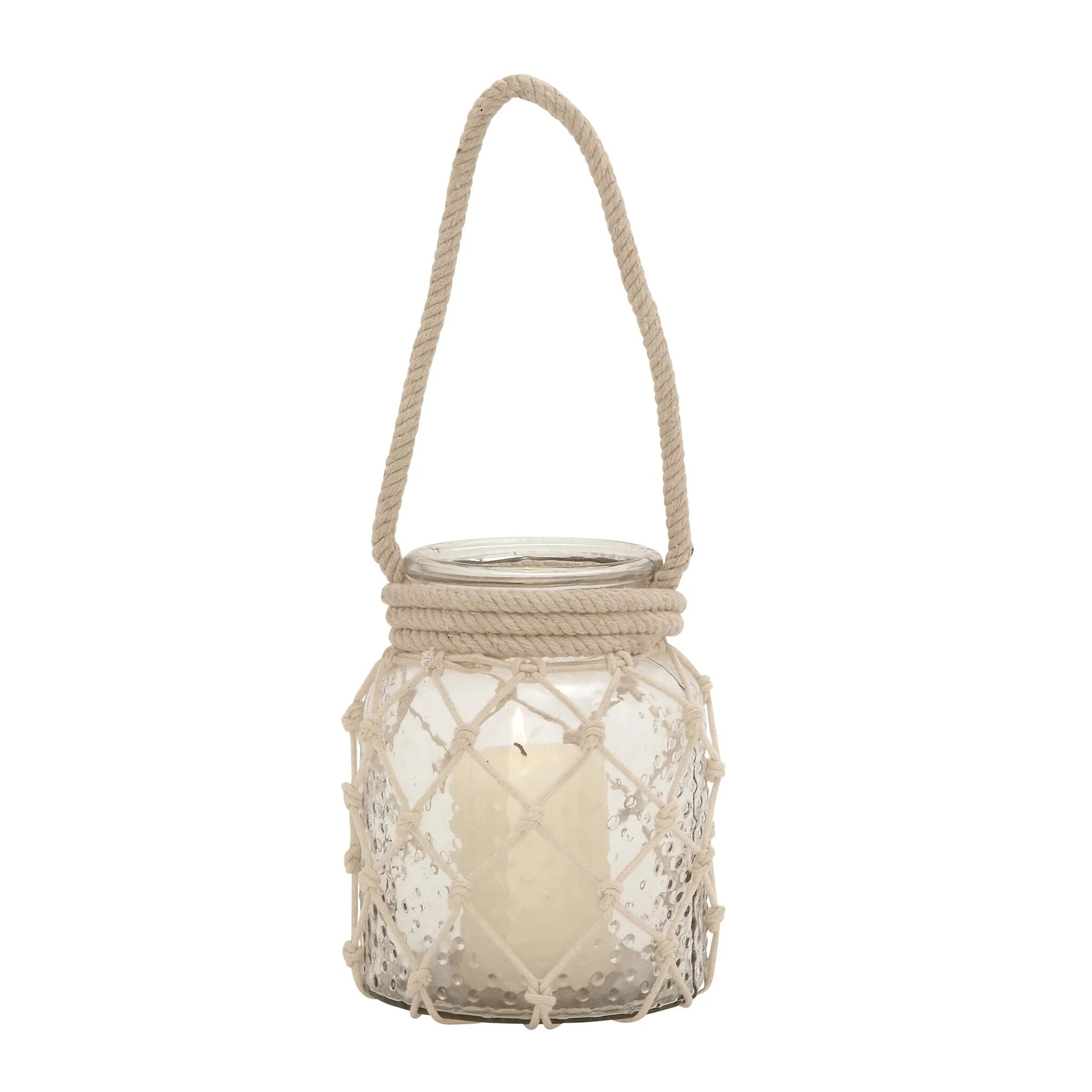 Clear Glass Decorative Candle Lantern with Rope Handle - 7 X 7 X 18