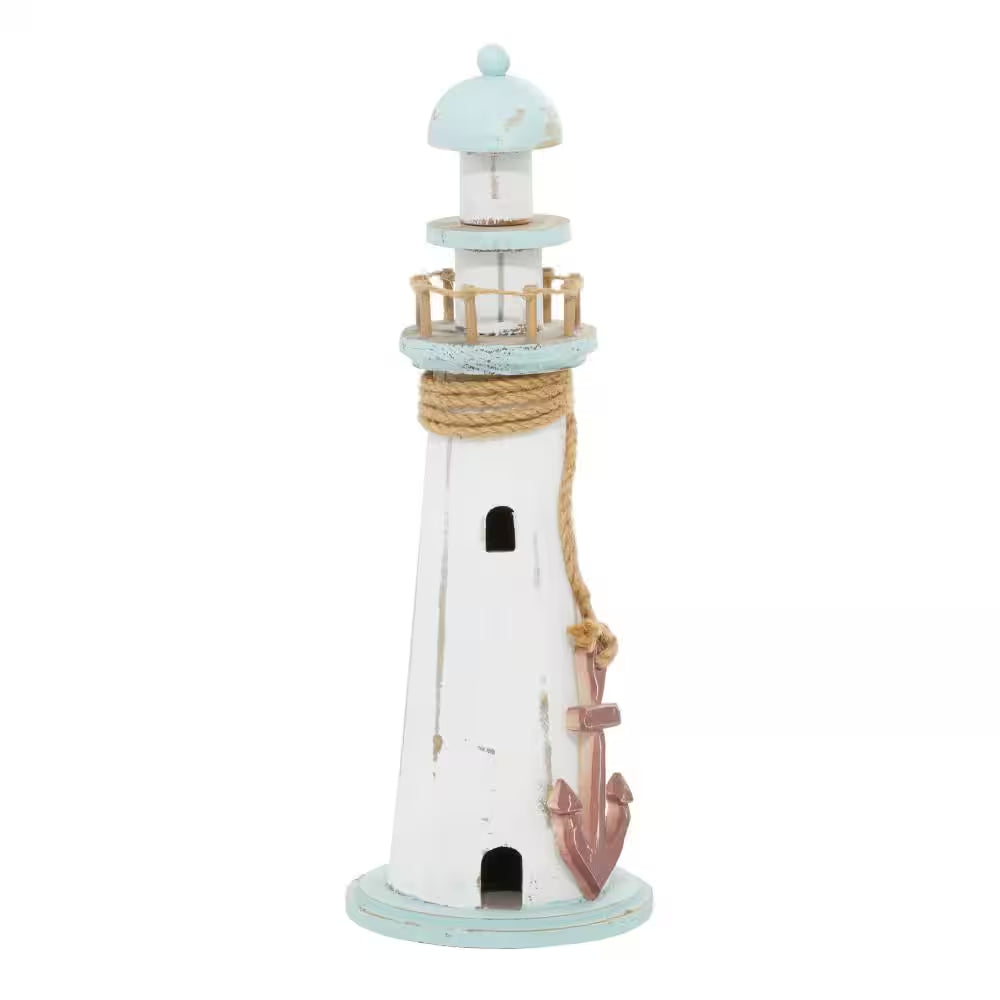 White Wood Light House Sculpture - 6 In. X 15 In. 