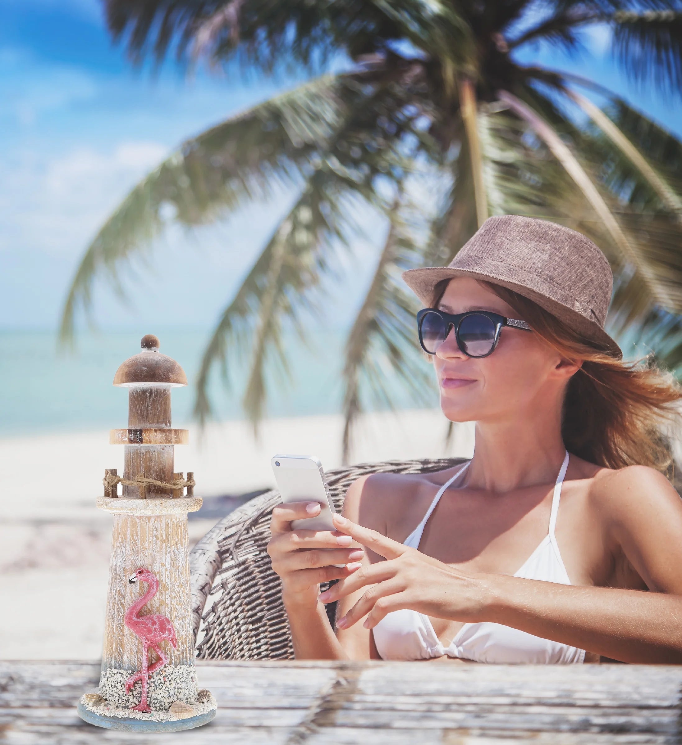 Flamingo Beach Lighthouse Decor - Handmade and Crafted Wooden Lighthouse Decoration with Sea Shells, Decorative Beach Style Tabletop Centerpiece - 8.5 Inch