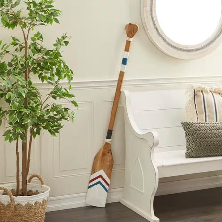 Wood White Novelty Canoe Oar Paddle Wall Decor with Arrow and Stripe Patterns - 7 In. X 58 In.