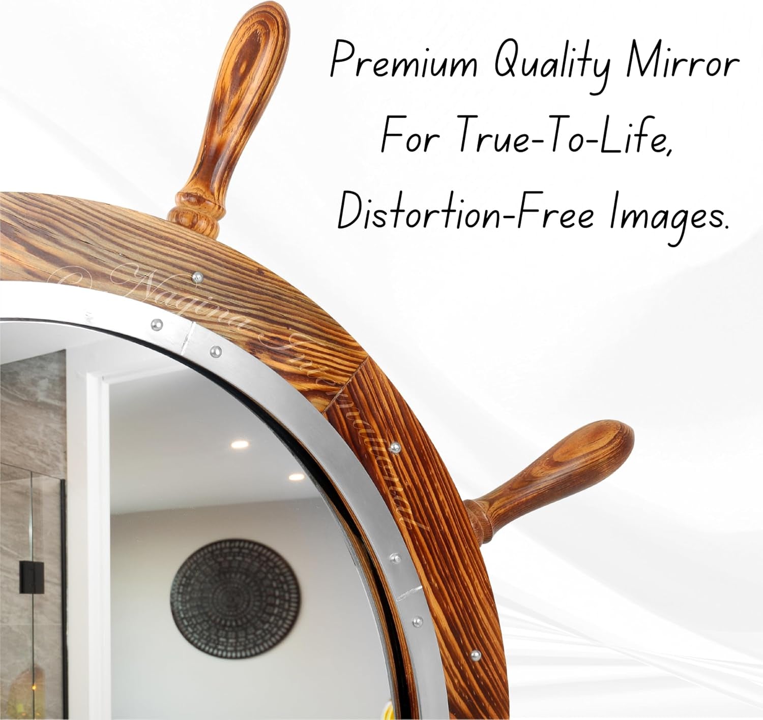 Wooden Antique Brown Torched Santorini Beautiful Nautical Sturdy Large Mirror Ship Wheel | Bathroom & Room Wall Mounted Mirrors (24 Inches)