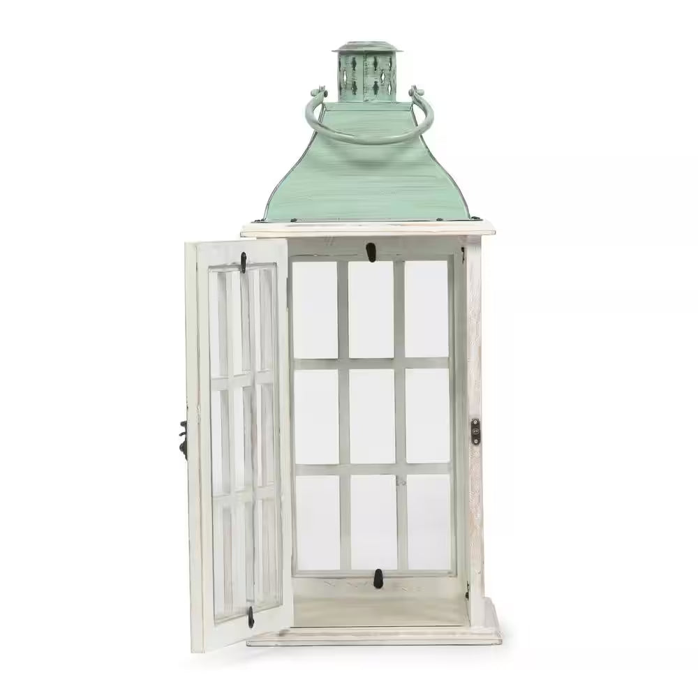 Coastal Handcrafted Mango Wood Decorative Lantern, White Wash/Green Pat