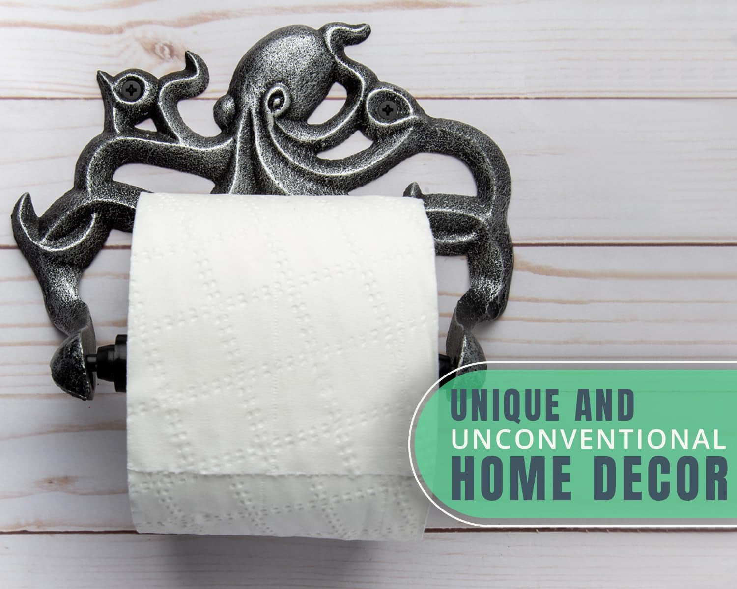 Decorative Cast Iron Octopus Toilet Paper Roll Holder – Wall Mounted Octopus Decor for Bathroom – Kraken, Nautical Bathroom Accessories – Included Screws and Anchors - Silver & Black