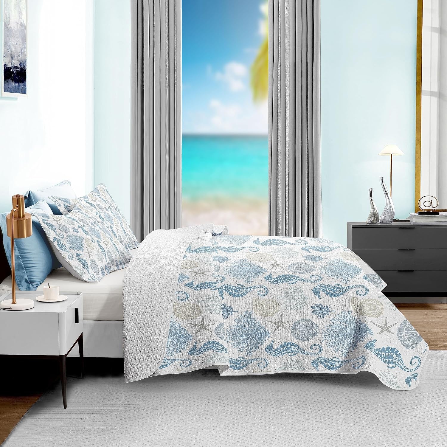 Coastal Bedding Quilt Queen Size W/ 2 Shams Nautical Beach Bedspreads Light Blue