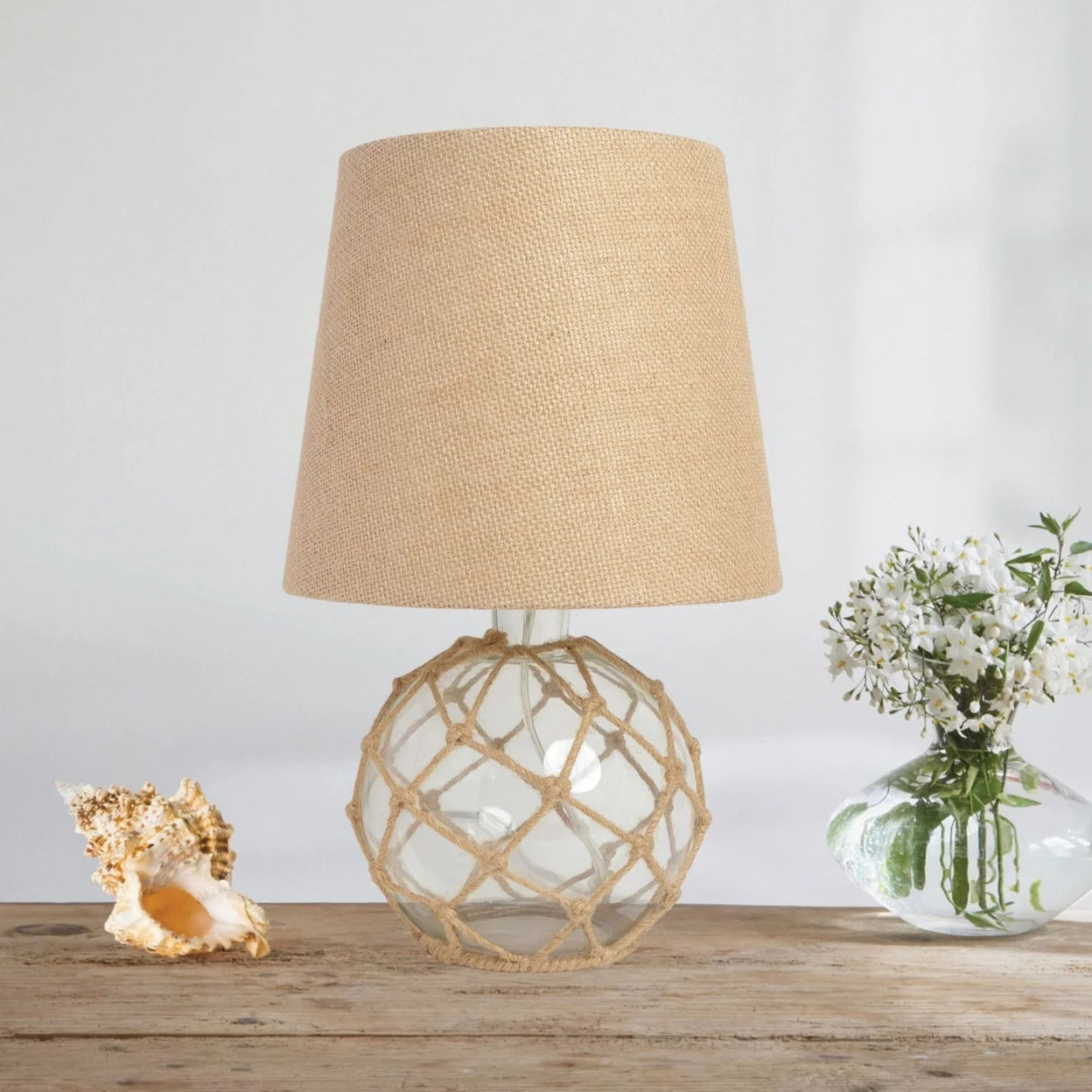 Buoy Rope Nautical Netted Coastal Ocean Sea Glass Table Lamp with Burlap Fabric Shade, Clear