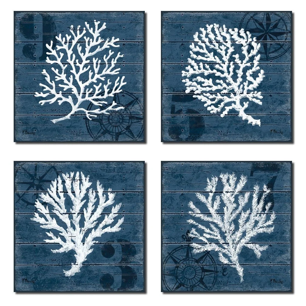 Nautical Blue Coral Nautical Signs Adult Coastal Decor; 4- 12" X 12" Unframed Prints