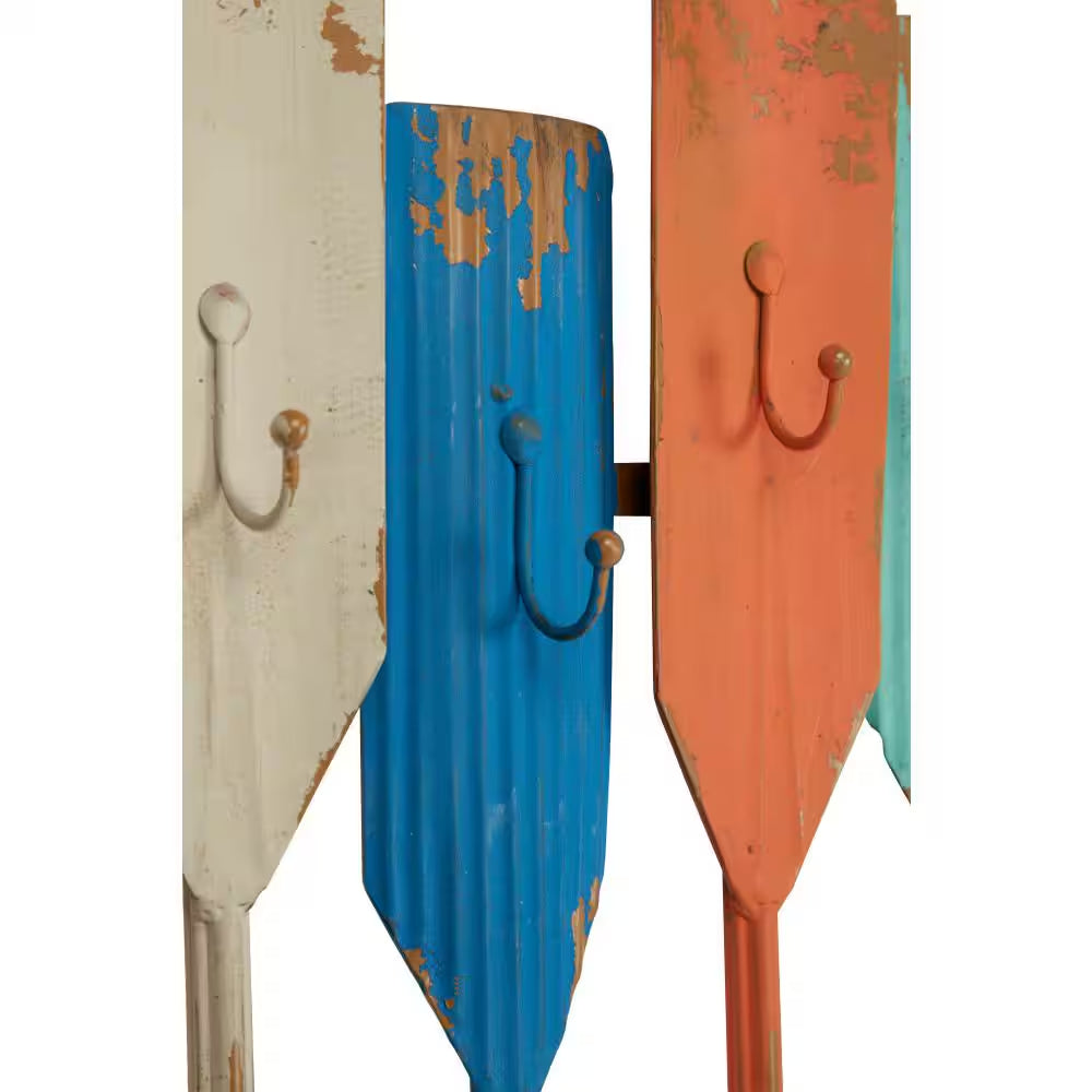 Multi Colored Indoor Outdoor Distressed Oar Shaped 8 Hanger Paddle Wall Hook