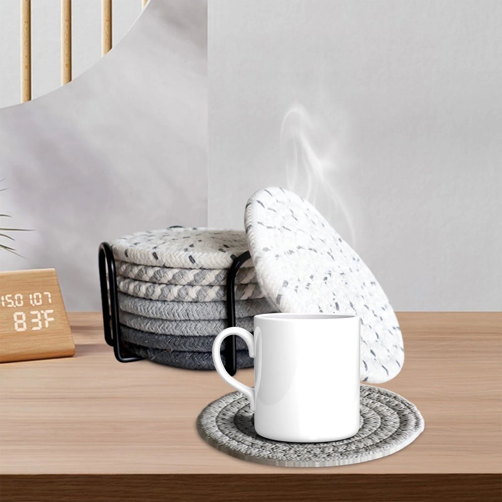 8 Pcs Drink Coasters with Holder, Minimalist Cotton Woven Coaster Set for Home Decor Tabletop Protection - 4.3 Inches