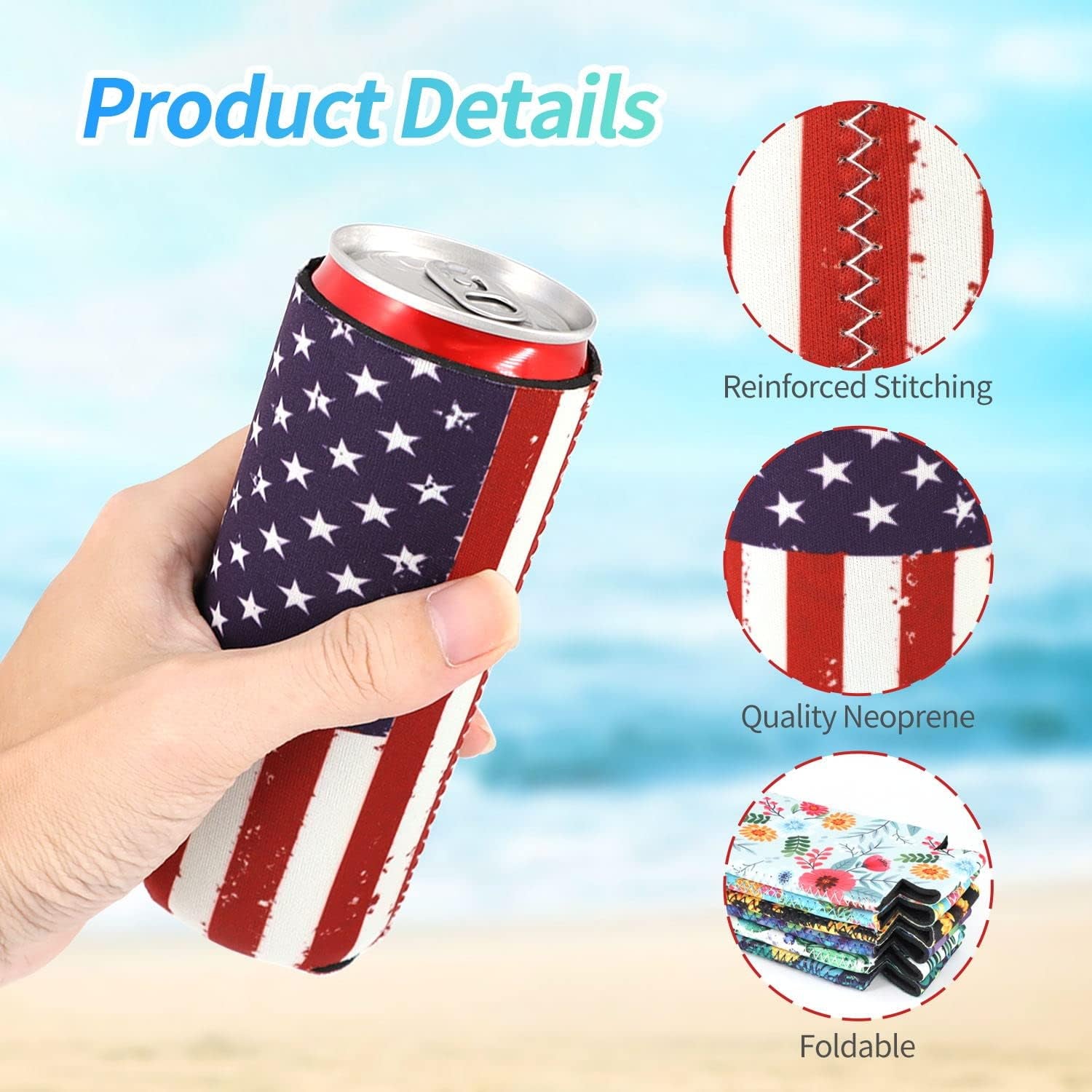 Slim Can Cooler (2Pack) - American Flag - Fits 12Oz Slim Cans - Keeps Drinks Cool & Hands Dry
