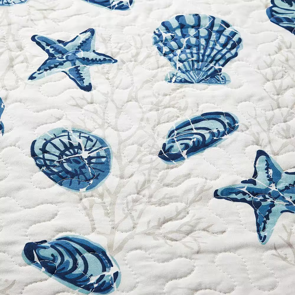 3-Piece Blue Seashell Coastal Printed Full/Queen Microfiber Quilt Set Bedspread