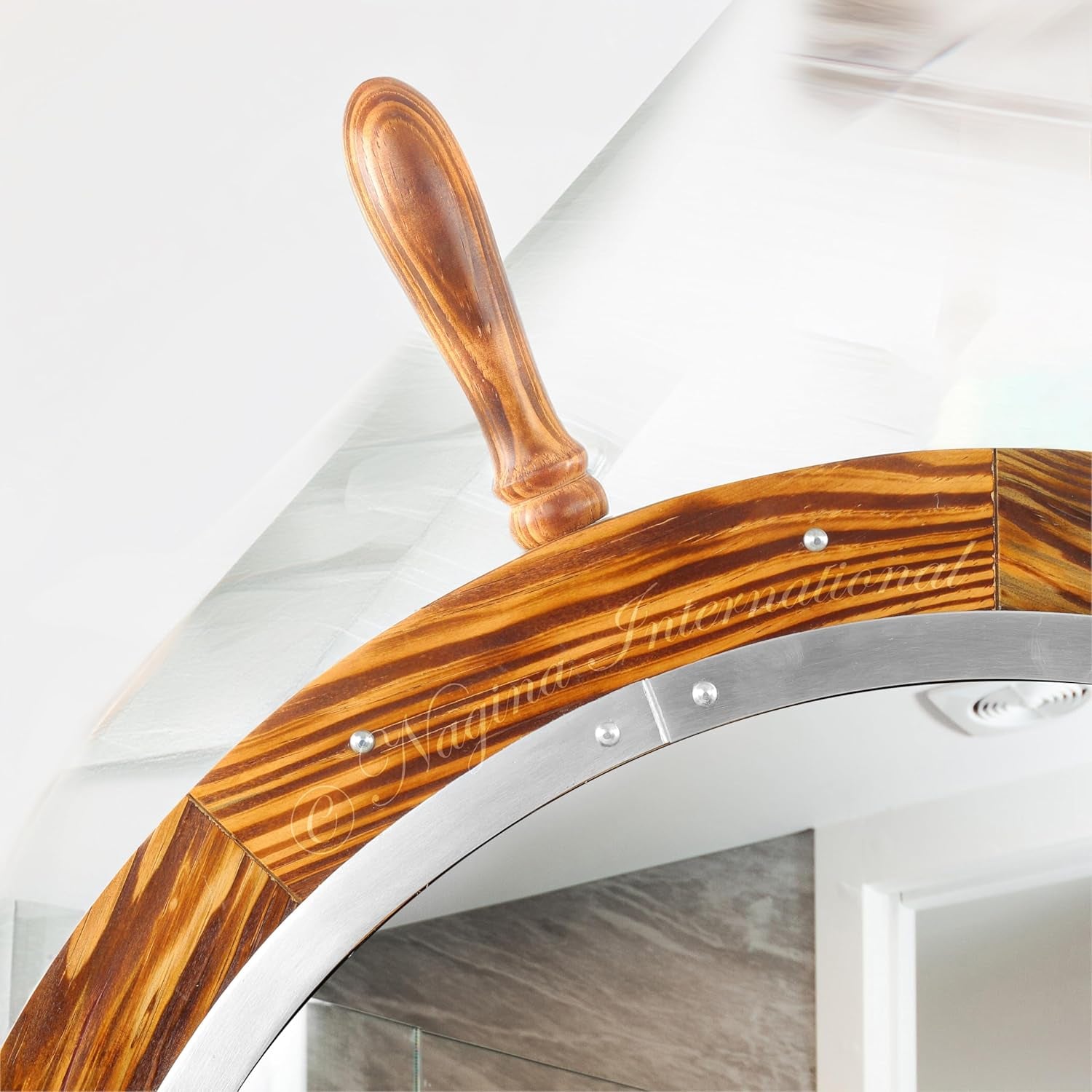 Wooden Antique Brown Torched Santorini Beautiful Nautical Sturdy Large Mirror Ship Wheel | Bathroom & Room Wall Mounted Mirrors (24 Inches)