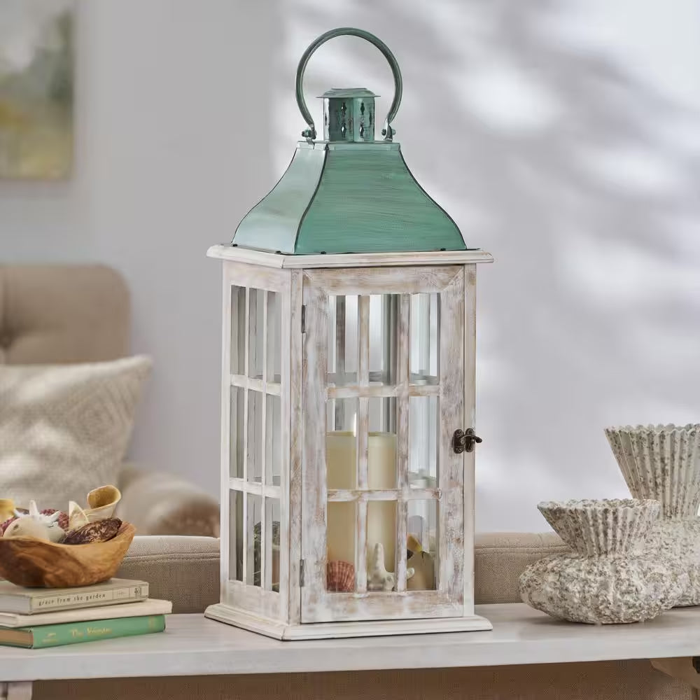 Coastal Handcrafted Mango Wood Decorative Lantern, White Wash/Green Pat