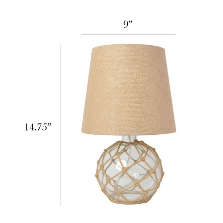 Buoy Rope Nautical Netted Coastal Ocean Sea Glass Table Lamp with Burlap Fabric Shade, Clear