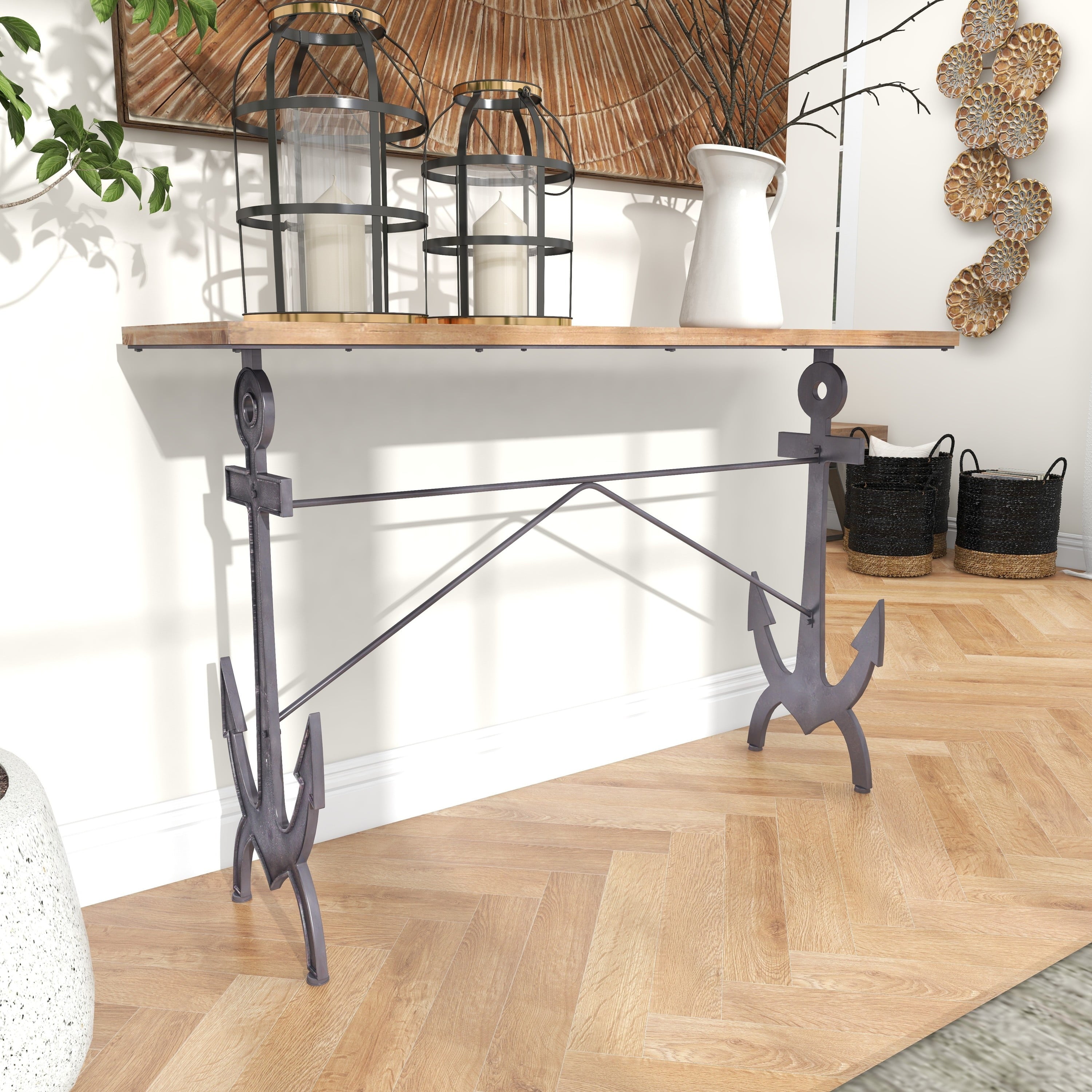 Brown/Black Coastal Rectangular Metal Console Table with Metal Anchor Shaped Base, 48"W X 31"H